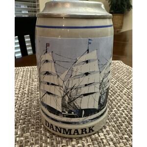 Original King Ceramic Beer Stein “Danmark” Ship Nautical Made In Germany 6” Tall